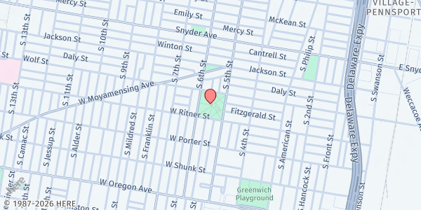 Map showing South Philadelphia Community Fridge @ Mifflin Sq. Park at 516 Wolf Street, South Philadelphia East, PA