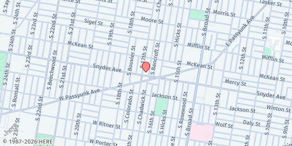 Map showing The Church of Philadelphia at 1629 Snyder Avenue, South Philadelphia West, PA