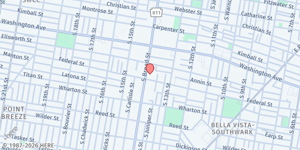 Map showing Philadelphia County Assistance Office South District at 1163 South Broad Street, South Philadelphia, PA