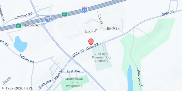 Map showing Zion Blue Mtn United Church of Christ at 6573 Old Rte 22, Strausstown, PA