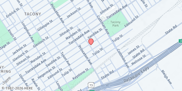 Map showing Hope Hall at 7137 Hegerman Street, Tacony, PA