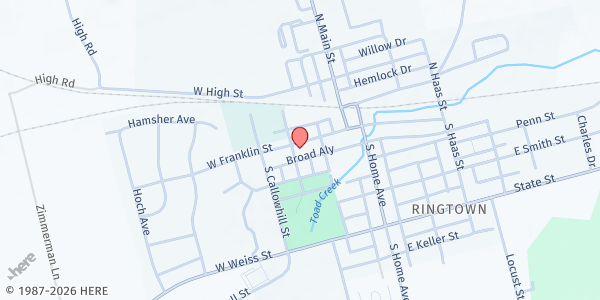 Map showing Brandywine Food Pantry at St. Peter's UCC at 122 W Franklin Street, Topton, PA