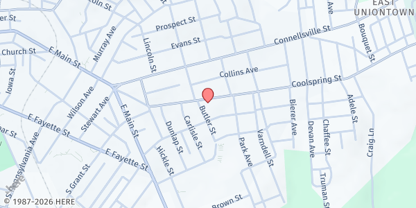 Map showing East End United Community Center at 150 Coolspring St., Uniontown, PA