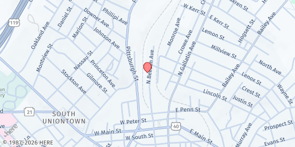 Map showing Fayette County Food Bank at 108 N. Beeson Ave., Uniontown, PA