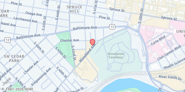 Map showing Bebashi Food Pantry at 4101 Woodland Avenue, University City, PA