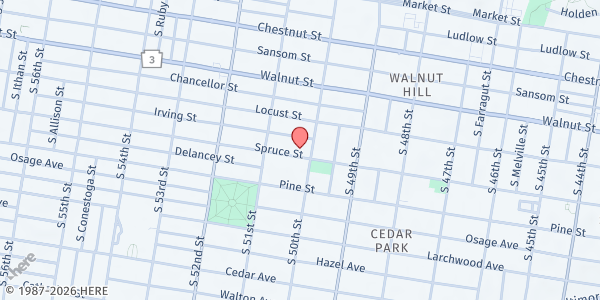 Map showing Beulah Baptist Church at 5001 Spruce Street, University City, PA