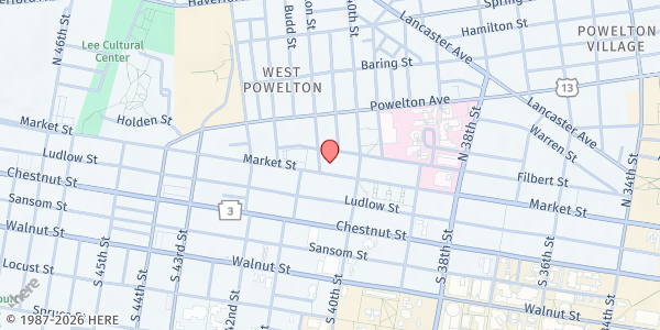 Map showing Breezy Mart at 4027 Market Street, University City, PA