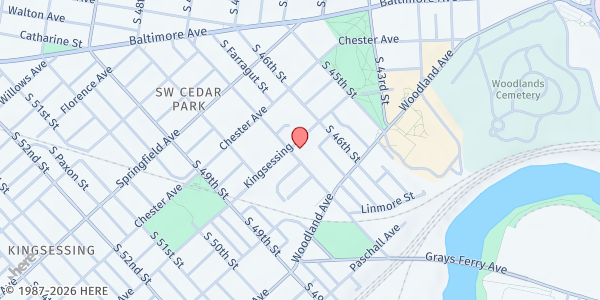 Map showing Crusaders for Christ Church at 1201 South 47th Street, University City, PA