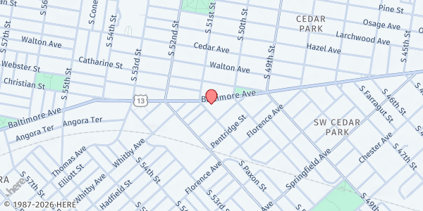 Map showing Food Not Bombs Solidarity - West Philadelphia at 5040 Baltimore Avenue, University City, PA