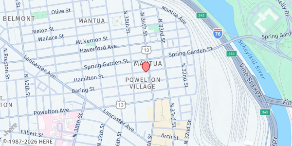 Map showing Frontline Dads - University City at 410 North 34th Street, University City, PA