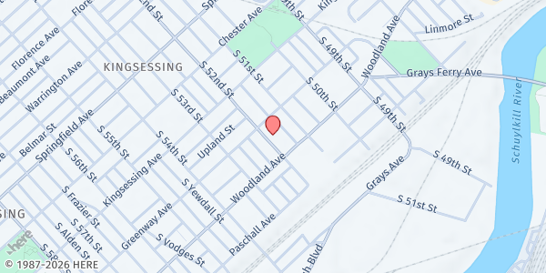 Map showing Grace Tabernacle Christian Church Food Pantry at 1519 South 52nd Street, University City, PA