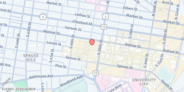 Map showing Hillel Foundation - University City at 215 South 39th Street, University City, PA