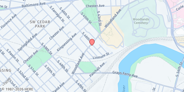 Map showing Hue Boba Cafe Community Fridge at 4600 Woodland Avenue, University City, PA