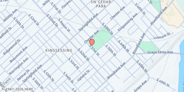 Map showing Kingsessing Library at 1201 South 51st Street, University City, PA