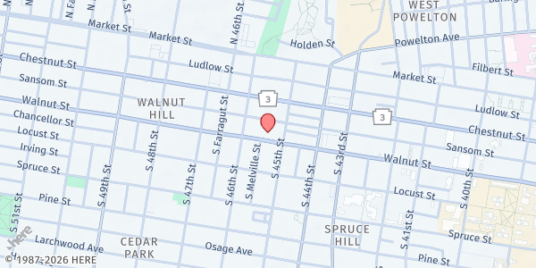 Map showing Mercy Douglass Houses at 4511 Walnut Street, University City, PA