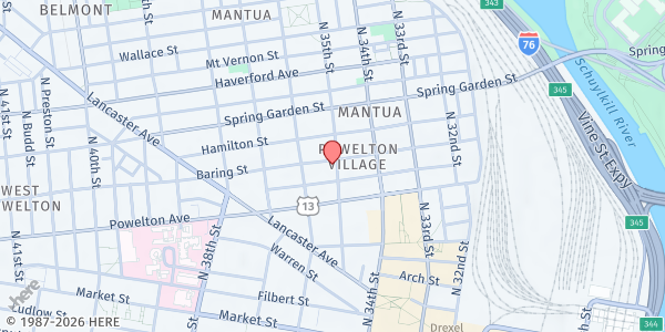 Map showing Metropolitan Baptist Church at 3500 Baring Street, University City, PA