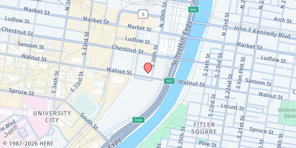 Map showing MLK Association Main Office and Warehouse at 3001 Walnut Street, University City, PA
