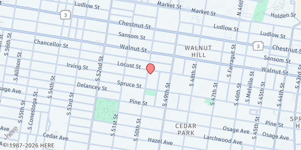 Map showing Monumental Baptist Church at 4948 Locust Street, University City, PA