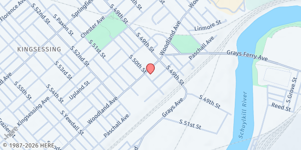 Map showing Mt. Zion Baptist Church at 1411 South 50th Street, University City, PA