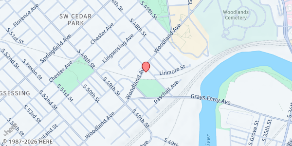 Map showing Paradise Emmanuel Tabernacle Church at 4704 Woodland Avenue, University City, PA