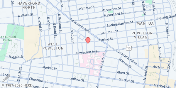 Map showing People's Emergency Center Food Cupboard at 325 North 39th Street, University City, PA