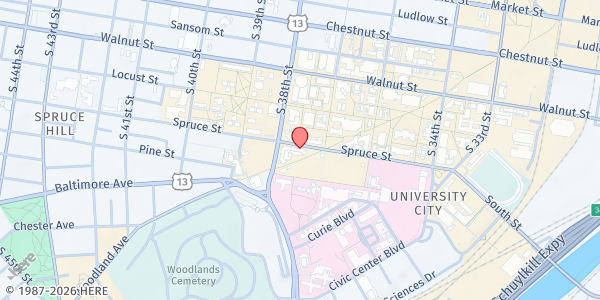 Map showing UC Hospitality Coalition - Main Location at 3720 Spruce Street, University City, PA