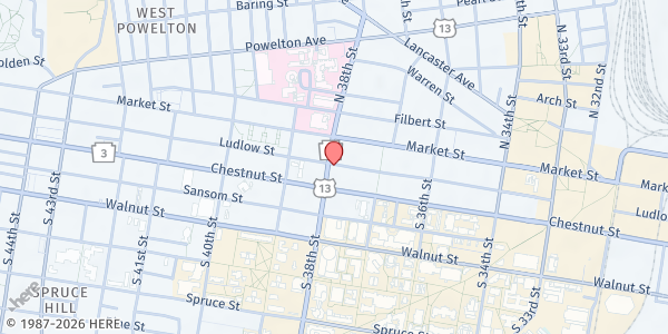 Map showing UC Hospitality Coalition - Philadelphia at 19 South 38th Street, University City, PA