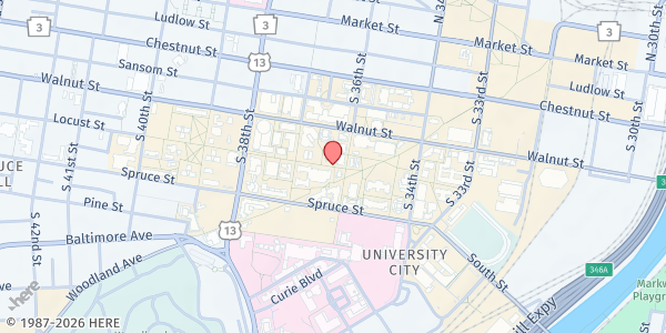 Map showing UC Hospitality Coalition (St. Mary's) at 3619 Locust Walk, University City, PA