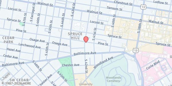 Map showing UC Hospitality Coalition (Woodland) at 401 South 42nd Street, University City, PA