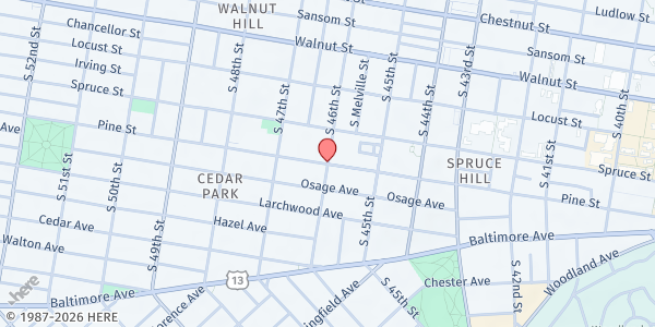 Map showing West Philadelphia SDA Church Parking Lot at 601 South 46th Street, University City, PA