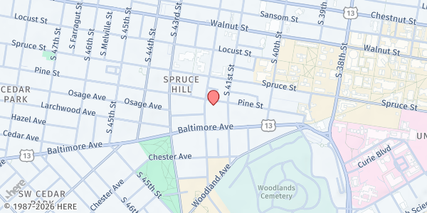 Map showing Woodland Presbyterian Church at 401 South 42nd Street, University City, PA