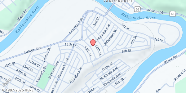 Map showing Vandergrift Presbyterian Church at 195 Washington Ave., Vandergrift, PA