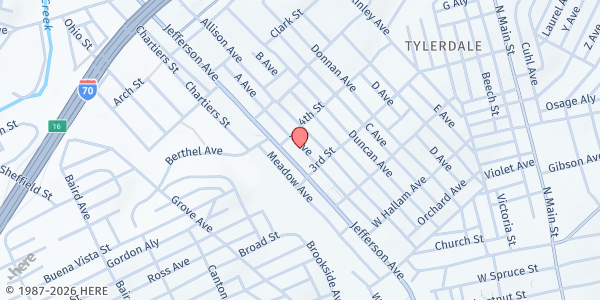 Map showing LeMoyne Community Center Food Pantry at 200 Forest Avenue, Washington, PA