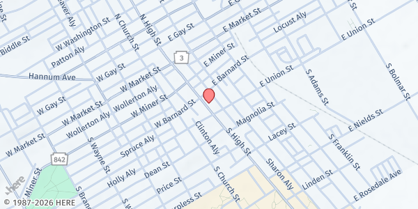 Map showing Baptist Church of West Chester at 221 S. High St., West Chester, PA