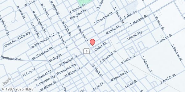 Map showing The Salvation Army - West Chester at 101 E. Market St., West Chester, PA