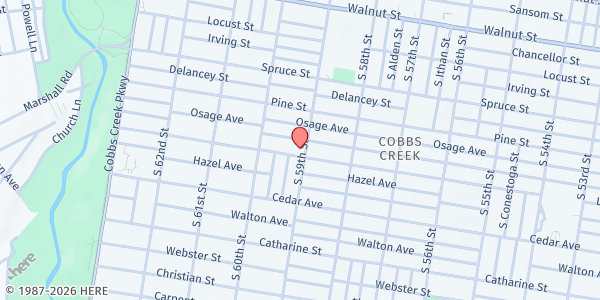 Map showing African Family Health Organization (AFAHO) - West Philadelphia at 5901 Larchwood Avenue, West Philadelphia, PA