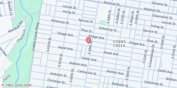 Map showing Allen African Methodist Episcopal Church Food Pantry at 5911 Larchwood Avenue, West Philadelphia, PA