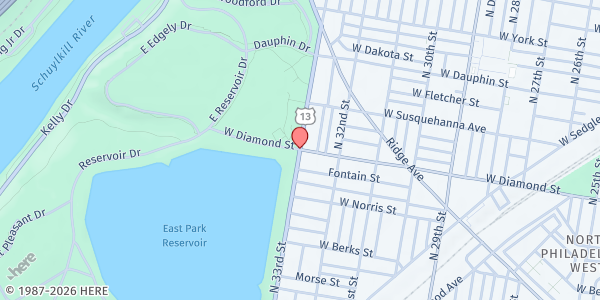 Map showing Brothers of Strawberry Mansion at 3305 Diamond Drive, West Philadelphia, PA