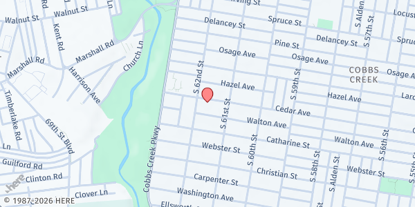 Map showing Church of Christian Compassion at 6136 Cedar Avenue, West Philadelphia, PA