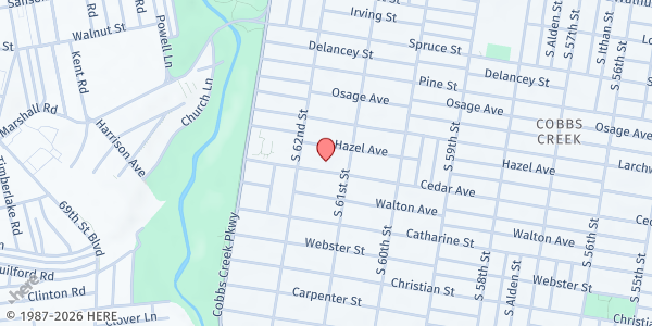 Map showing Church of Christian Compassion at 6136 Cedar Avenue, West Philadelphia, PA