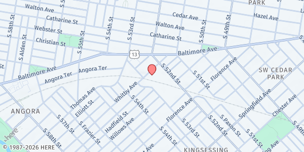 Map showing CONQUERORS CDC at 5220 Whitby Avenue, West Philadelphia, PA