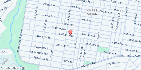 Map showing Denise's Pantry @ The Print Foundation at 5843-55 Catharine Street, West Philadelphia, PA