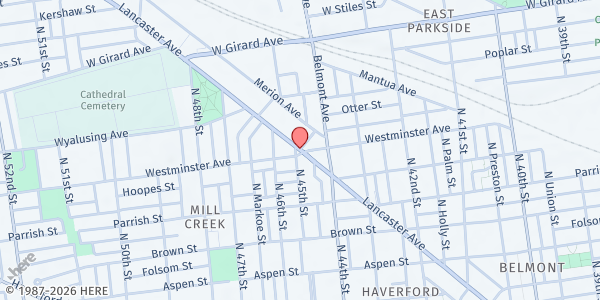 Map showing Fresh Start Resource Services - West Philadelphia at 4500 West Lancaster Avenue, West Philadelphia, PA