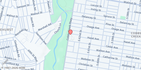 Map showing Helping Hands for the Hungry - West Philadelphia at 525 Cobbs Creek Parkway, West Philadelphia, PA