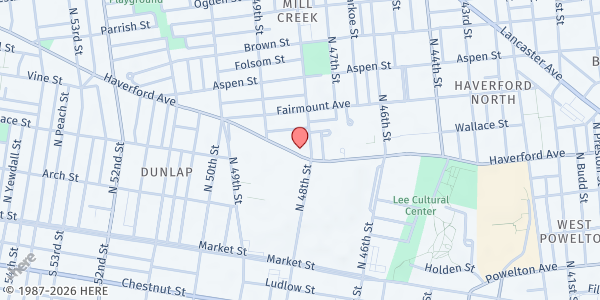 Map showing Jehovah Jireh Baptist Church at 4807 Haverford Avenue, West Philadelphia, PA