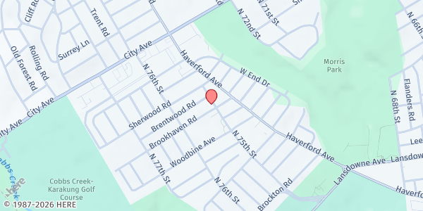 Map showing Living Water Baptist Church at 7501 Brookhaven Road, West Philadelphia, PA