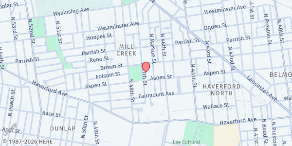 Map showing Mighty Writers @ Lucien Blackwell Community Center at 761 North 47th Street, West Philadelphia, PA