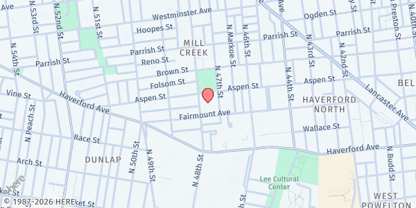 Map showing MYA SCHOOL & REP. AMEN BROWN'S at 4725 Fairmount Avenue, West Philadelphia, PA