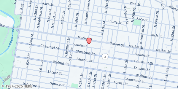 Map showing Philadelphia County Assistance Office Delancey District at 5740 Market Street, West Philadelphia, PA