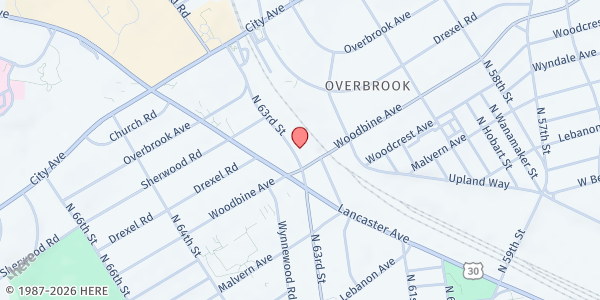 Map showing PYBT Kidz Club Inc (Summer Meal Site) at 2019 North 63rd Street, West Philadelphia, PA